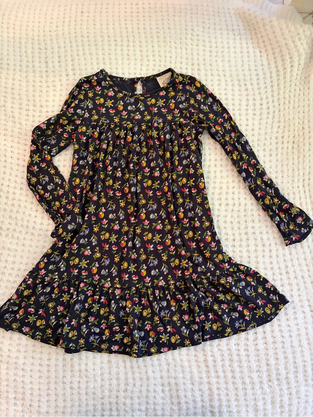 Mini Boden Navy Floral Long-Sleeve Ruffle-Hem Dress